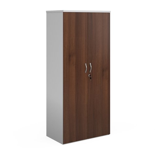 Duo double door cupboard 1790mm high with 4 shelves - white with walnut doors