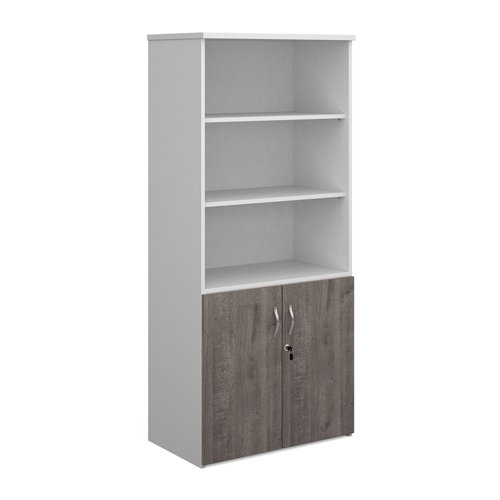 Duo combination unit with open top 1790mm high with 4 shelves - white with grey oak lower doors