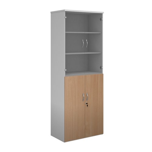 Duo Combination Unit With Glass Upper Doors 2140mm High With 5 Shelves White With Beech Lower Doors