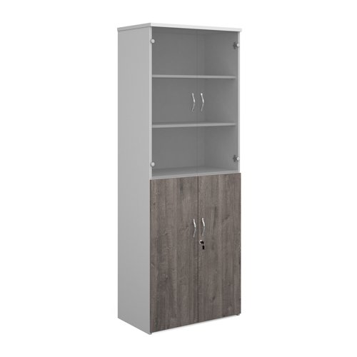 Duo Combination Unit With Glass Upper Doors 2140mm High With 5 Shelves White With Grey Oak Lower Doors