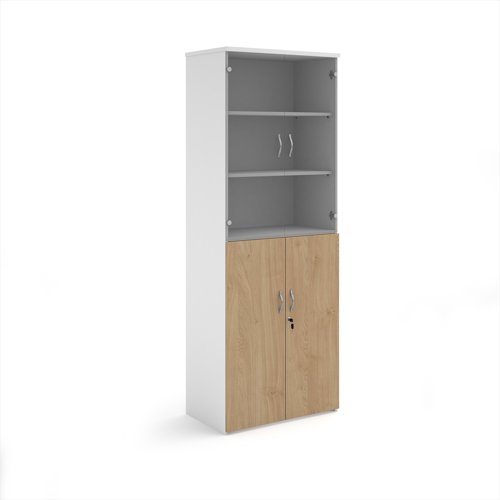 Duo combination unit with glass upper doors 2140mm high with 3 shelves - White/Kendal Oak