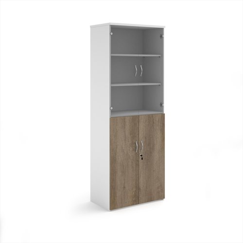 Duo combination unit with glass upper doors 2140mm high with 3 shelves - White/Nebraska Oak