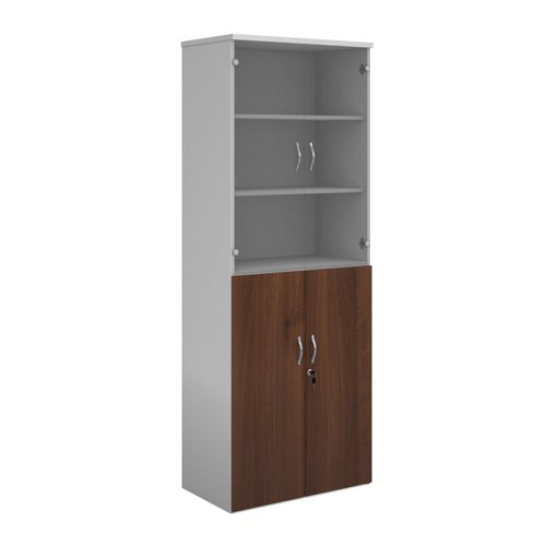 Duo combination unit with glass upper doors 2140mm high with 5 shelves - white with walnut lower doors Bookcases With Storage R2140COMD-WHW