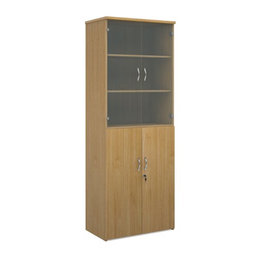 Universal combination unit with glass upper doors 2140mm high with 5 shelves - oak