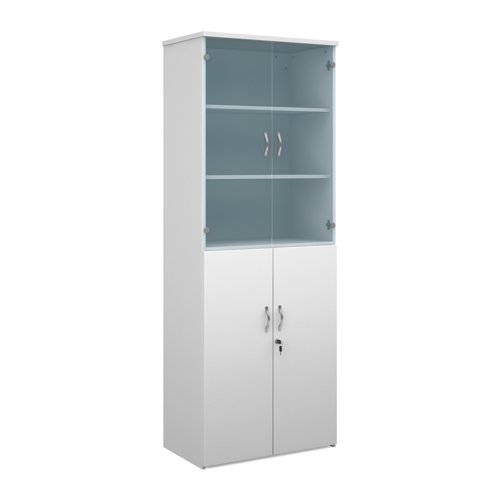 Universal Combination Unit With Glass Upper Doors 2140mm High With 5 Shelves White