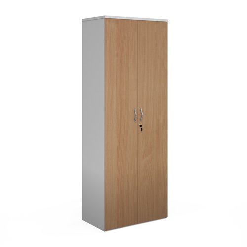 R2140DD-WHB Duo double door cupboard 2140mm high with 5 shelves - white with beech doors