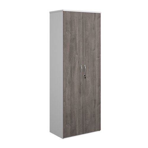 R2140DD-WHGO Duo double door cupboard 2140mm high with 5 shelves - white with grey oak doors