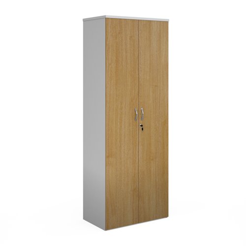 Duo double door cupboard 2140mm high with 5 shelves - white with oak doors R2140DD-WHO Buy online at Office 5Star or contact us Tel 01594 810081 for assistance