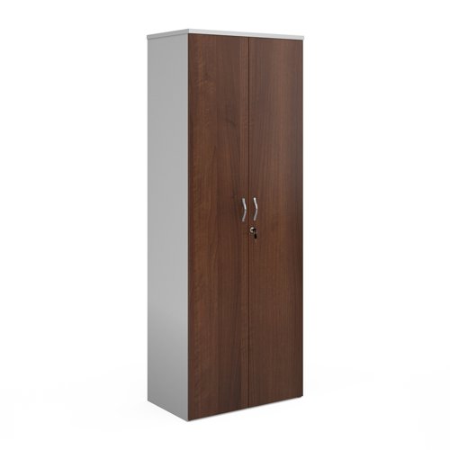 Duo Double Door Cupboard 2140mm High With 5 Shelves White With Walnut Doors