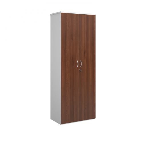 Universal double door cupboard 2140mm high with 5 shelves - white with walnut doors