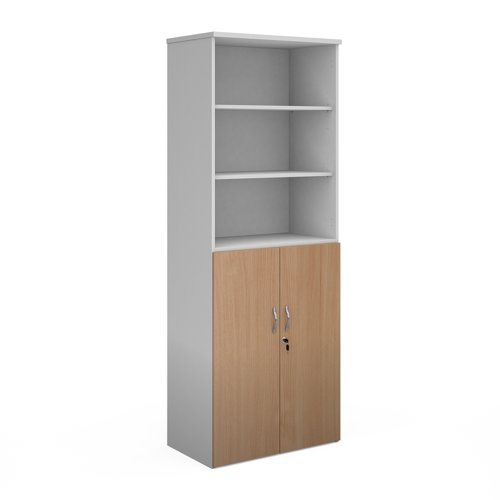 Duo combination unit with open top 2140mm high with 5 shelves - white with beech lower doors