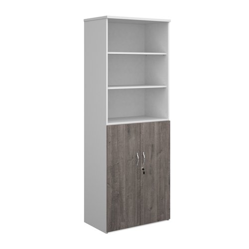 Duo Combination Unit With Open Top 2140mm High With 5 Shelves White With Grey Oak Lower Doors