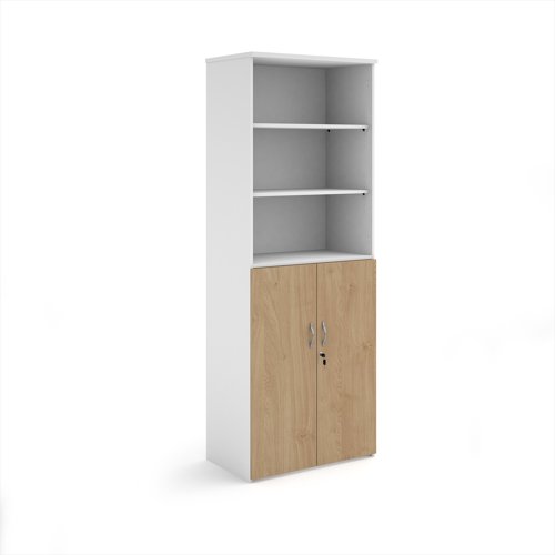 Duo combination unit with open top 2140mm high with 5 shelves - white with kendal oak lower doors