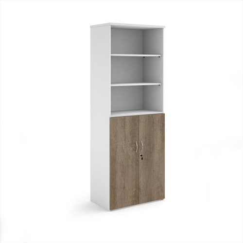 Duo combination unit with open top 2140mm high with 5 shelves - white with nebraska oak lower doors