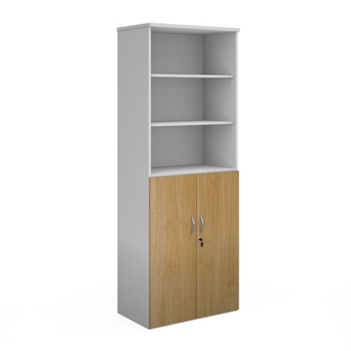Duo combination unit with open top 2140mm high with 5 shelves - white with oak lower doors