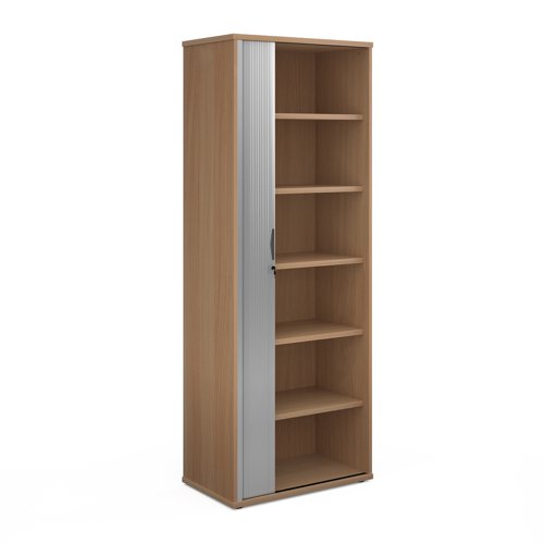 Universal single door tambour cupboard 2140mm high with 5 shelves - beech with silver door