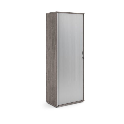 Universal single door tambour cupboard 2140mm high with 5 shelves - Grey Oak with silver door