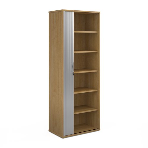 Universal single door tambour cupboard 2140mm high with 5 shelves - oak with silver door R2140TCO Buy online at Office 5Star or contact us Tel 01594 810081 for assistance