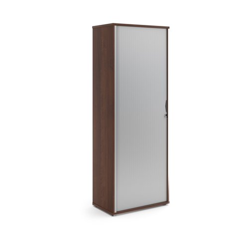 Universal single door tambour cupboard 2140mm high with 5 shelves - Walnut with silver door