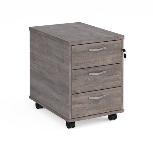 Mobile 3 drawer pedestal with silver handles 600mm deep - grey oak