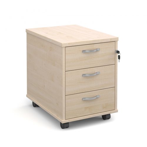 Mobile 3 drawer pedestal with silver handles 600mm deep - maple