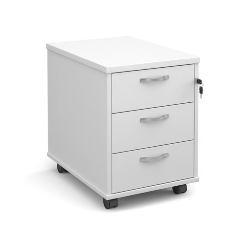 Mobile 3 drawer pedestal with silver handles 600mm deep - white | R3MWH | Dams International