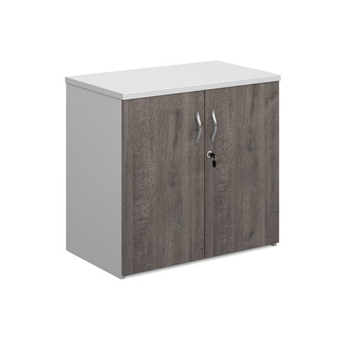 Duo double door cupboard 740mm high with 1 shelf - white with grey oak doors R740DD-WHGO Buy online at Office 5Star or contact us Tel 01594 810081 for assistance