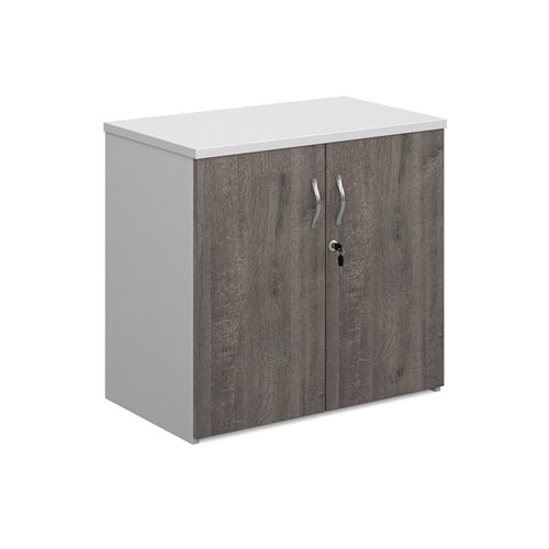 Duo double door cupboard 740mm high with 1 shelf - white with grey oak doors Cupboards R740DD-WHGO