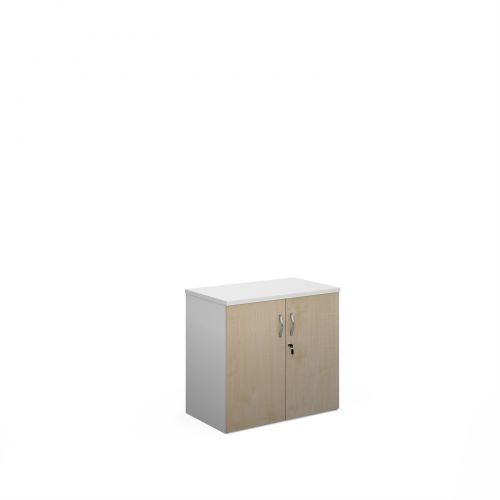 Duo double door cupboard 740mm high with 1 shelf - white with maple doors