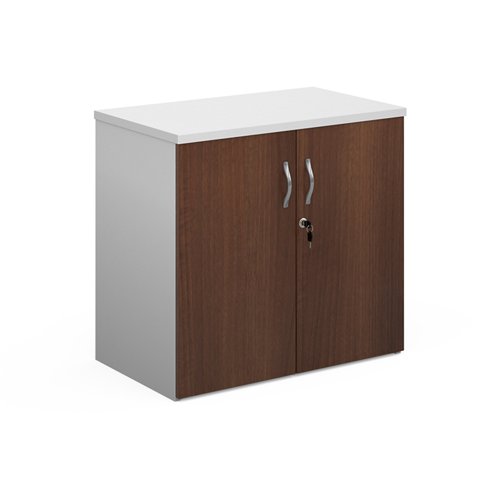 R740DD-WHW Duo double door cupboard 740mm high with 1 shelf - white with walnut doors