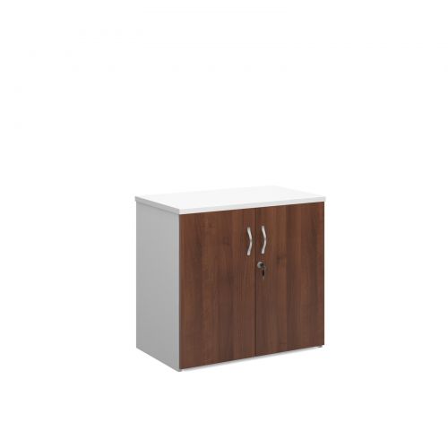 Universal double door cupboard 740mm high with 1 shelf - white with walnut doors