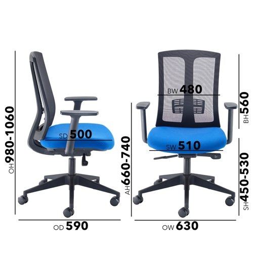 RON300T1-B Ronan mesh back operators chair with fixed arms - blue