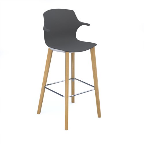 Roscoe high stool with natural oak legs and plastic shell with arms - charcoal grey