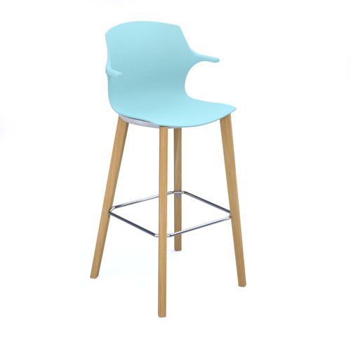 Roscoe high stool with natural oak legs and plastic shell with arms - ice blue