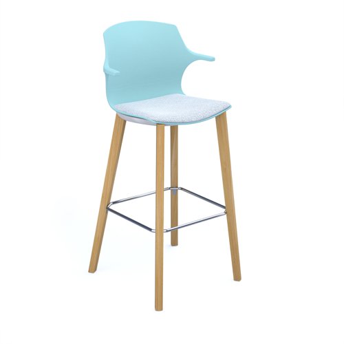 Roscoe high stool with natural oak legs and plastic shell with arms - ice blue with made to order seat