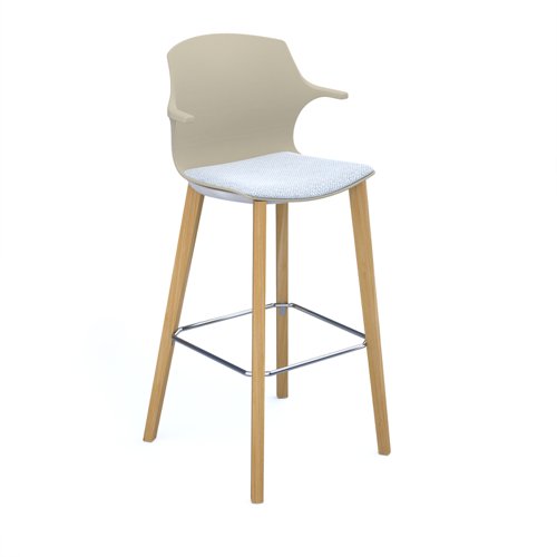 Roscoe high stool with natural oak legs and plastic shell with arms - sandy beech with made to order seat