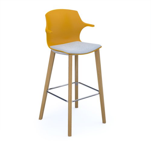 Roscoe high stool with natural oak legs and plastic shell with arms - warm yellow with made to order seat