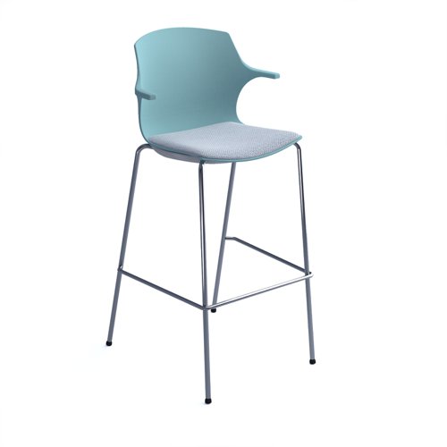 Roscoe high stool with chrome legs and plastic shell with arms - ice blue with made to order seat