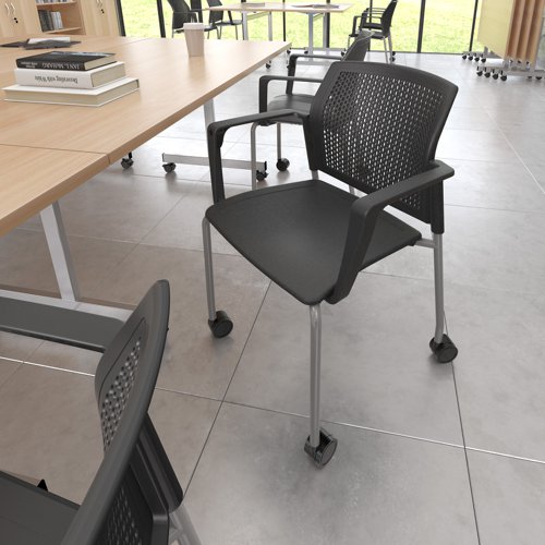 Santana 4 leg mobile chair with plastic seat and perforated back, chrome frame with castors, arms and writing tablet - grey