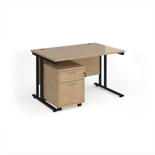 Maestro 25 straight desk 1200mm x 800mm with black cantilever frame and 2 drawer pedestal - Kendal Oak
