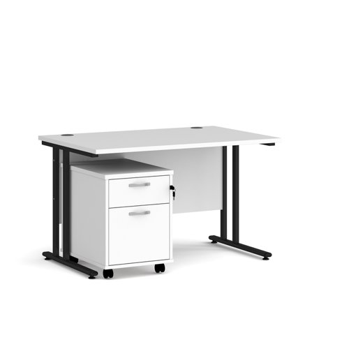 Maestro 25 straight desk 1200mm x 800mm with black cantilever frame and 2 drawer pedestal - white