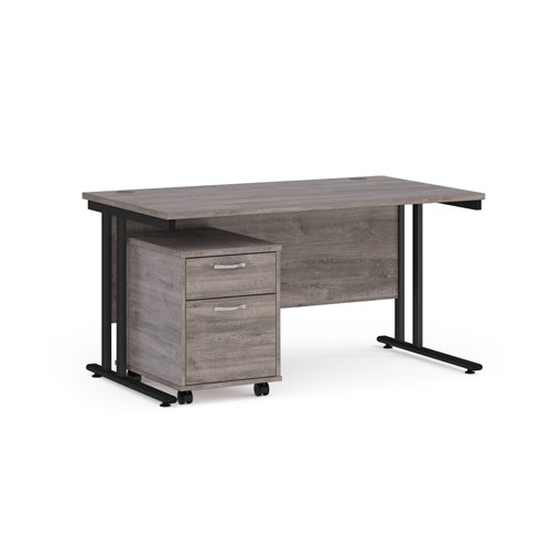 Maestro 25 straight desk 1400mm x 800mm with black cantilever frame and 2 drawer pedestal - grey oak
