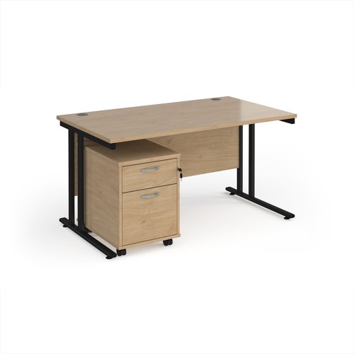 Maestro 25 straight desk 1400mm x 800mm with black cantilever frame and 2 drawer pedestal - Kendal Oak