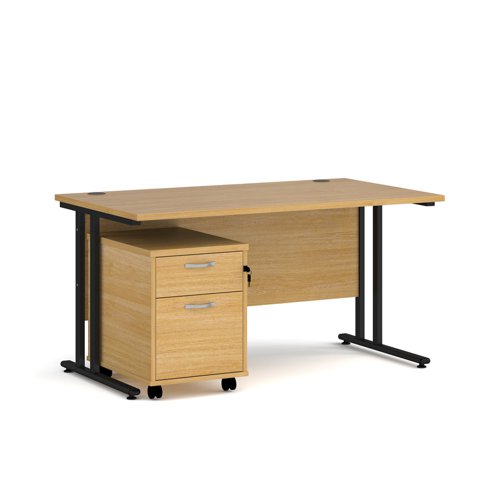 Maestro 25 straight desk 1400mm x 800mm with black cantilever frame and 2 drawer pedestal - oak