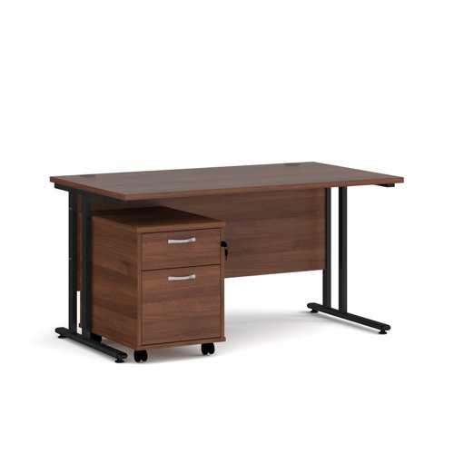 Maestro 25 straight desk 1400mm x 800mm with black cantilever frame and 2 drawer pedestal - walnut