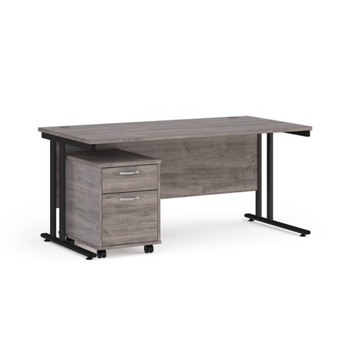 Maestro 25 straight desk 1600mm x 800mm with black cantilever frame and 2 drawer pedestal - grey oak