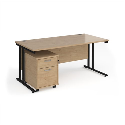 Maestro 25 straight desk 1600mm x 800mm with black cantilever frame and 2 drawer pedestal - Kendal Oak