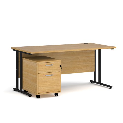 Maestro 25 straight desk 1600mm x 800mm with black cantilever frame and 2 drawer pedestal - oak
