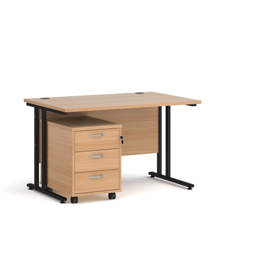 Maestro 25 straight desk 1200mm x 800mm with black cantilever frame and 3 drawer pedestal - beech | SBK312B | Dams International