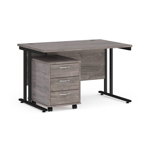 Maestro 25 straight desk 1200mm x 800mm with black cantilever frame and 3 drawer pedestal - grey oak | SBK312GO | Dams International